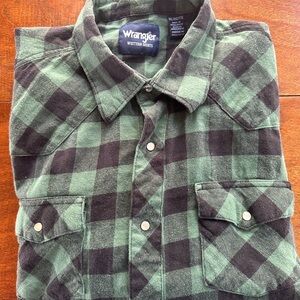 Wrangler Western Flannel Shirt Men’s XXL Green Black Plaid Pearl Snap Cotton